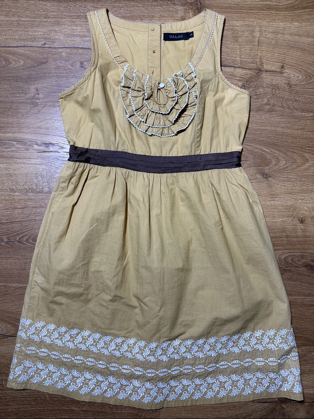 Shulami 100% Cotton Mustard Sleeveless Ruffled Front Dress Size Small